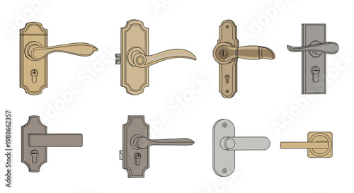 Set of different door handle designs and styles including vintage brass modern silver and classic metal types.