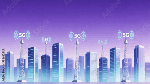 5G towers in futuristic cityscape