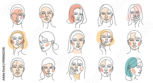 Collection of diverse female faces drawn in a minimalist continuous line art style with artistic color patches.