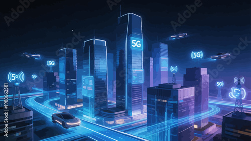 Futuristic city with flying cars and 5G towers
