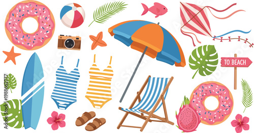 Set of Summer Beach Vacation Icons Including Swimsuits, Surfboards, Donuts, and Fun Accessories for Relaxation and Travel Designs
