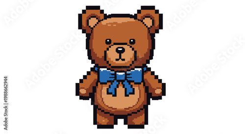 Pixel Art Teddy Bear with Blue Bow Tie.