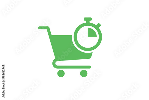 Green shopping cart with a stopwatch on a for fast online shopping concepts