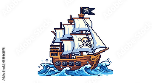 Pixel Art Pirate Ship Sailing on Wavy Seas.
