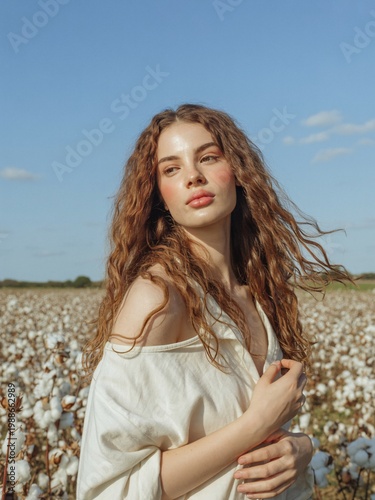 Young woman with long wavy red hair standing in a cotton field under a blue sky