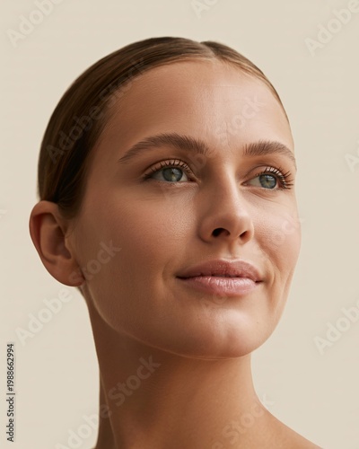Young woman with natural makeup and green eyes looking upwards with a slight smile