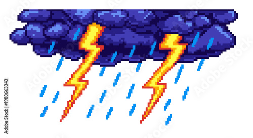 Pixel Art Storm Clouds with Lightning and Rain.