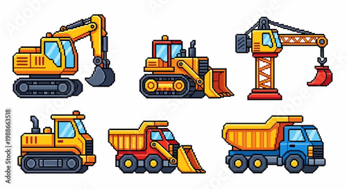 Set of cartoon construction vehicles and equipment illustrations.