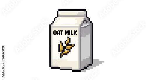 Pixel Art Oat Milk Carton with Oats Illustration.