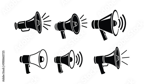 A set of six different megaphone icons in black and white