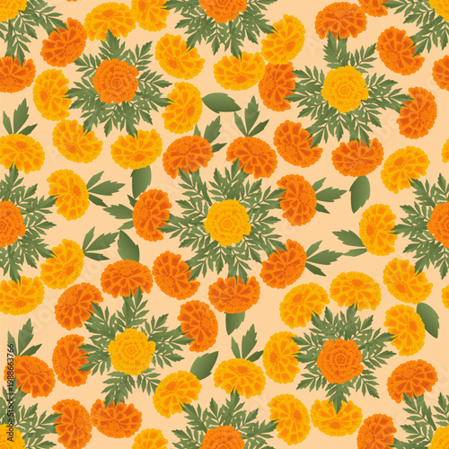 Vector seamless pattern with a floral frame featuring orange and yellow marigold flowers on a light background for textile and wallpaper design.