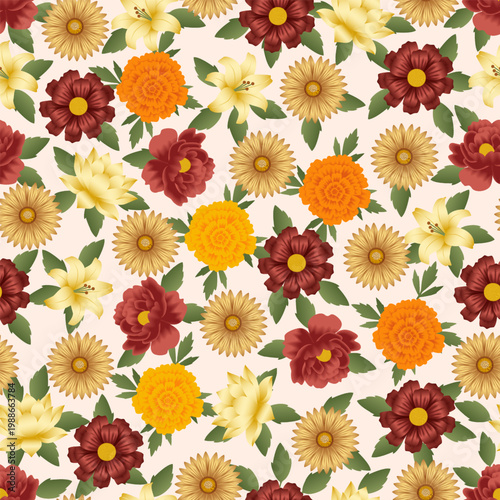 Vector seamless pattern with orange marigolds, yellow lilies, and burgundy flowers on a light background for textile and wallpaper design.