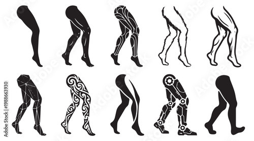 Collection of Human and Robotic Leg Vector Silhouettes Featuring Anatomical Muscles Bionic Prosthetics Cybernetic Limbs Ornate Tribal Patterns and Geometric Sci-Fi Designs
