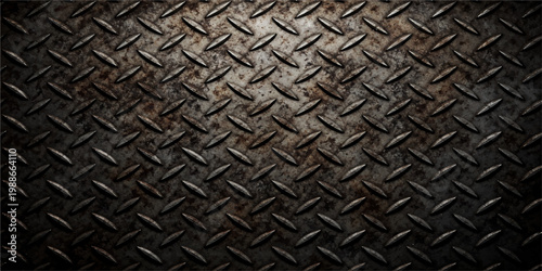 Weathered diamond plate metal texture, rusty steel background, industrial grunge surface, worn metallic pattern, dark iron flooring, high resolution backdrop