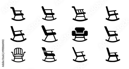 Minimal rocking chair icon vector set with modern furniture silhouettes for interior design and branding isolated on white