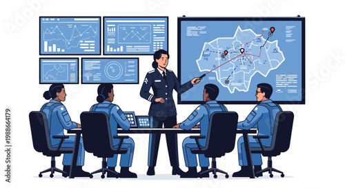 Fotografie Flat style vector illustration of military officers briefing team in command roo