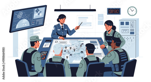 Tableau sur toile Flat style vector illustration of military officers briefing team in command roo