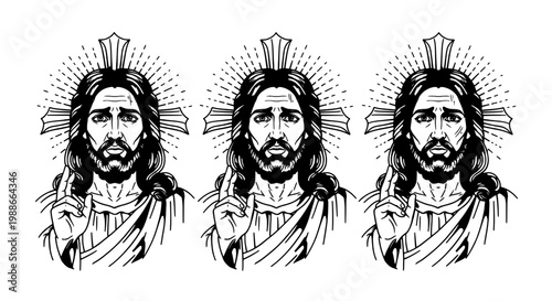 Jesus Christ illustrations set with long hair and beards, wearing halos and robes, making hand gestures