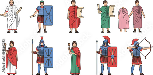 Ancient Roman Character Vector Set with Soldiers, Citizens, and Historical Costumes, Including Gladiator, Senator, and Warrior Figures for History and Education Designs