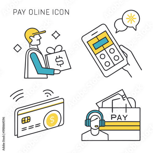 Online payment icons set with various payment methods and symbols for ecommerce and financial transactions