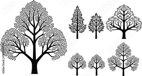 Black and white vector silhouette of deciduous forest trees and garden plants isolated on white background for nature environment design