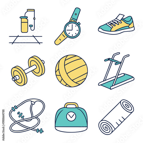 A set of colorful fitness icons including a water bottle, stopwatch, sneaker, dumbbell, volleyball, stepper, jump rope, scale, and yoga mat