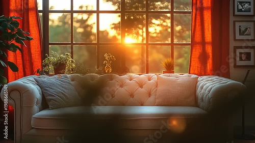 Cozy living room with sunset view.