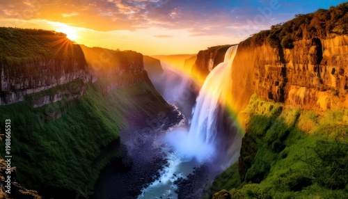 Majestic waterfall cascading through a lush canyon at sunset with a rainbow.