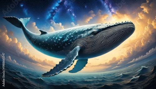 Majestic Whale Soaring Through a Dreamlike Sky Above the Ocean.