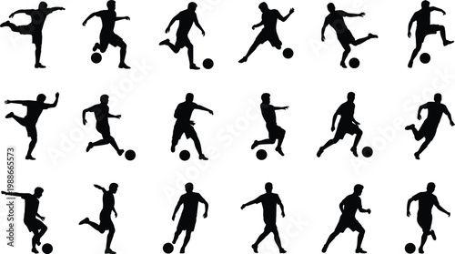 Soccer player silhouettes, dynamic football poses, kicking ball, dribbling action, running athletes, sports training, teamwork, competition, fitness, motion, energy