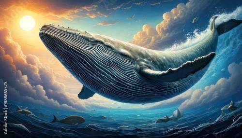 Majestic Whale Soaring Through a Dreamlike Sky and Ocean.