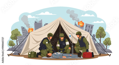 Flat style vector illustration of military medical team assisting injured people, representing healthcare support, emergency treatment, and humanitarian services
