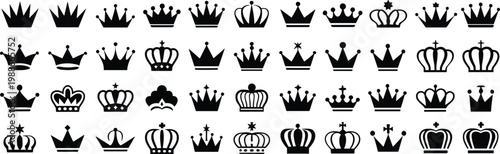 Royal crown icons collection, black silhouette design, decorative crown variations, heraldry symbols, authority representation, luxury emblem artwork, monarchy illustration concept