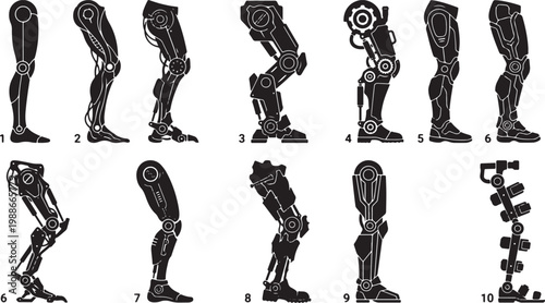 Set of Robotic Leg Vector Silhouettes Featuring Futuristic Cyborg Limbs Exoskeleton Parts Mechanical Bionic Legs and Sci-Fi Prosthetic Technology Components