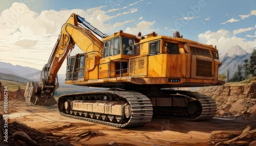 Majestic Yellow Excavator Dominating a Rugged Landscape, Heavy Machinery in Action.