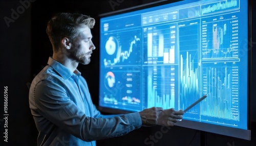 Man analyzing data on a large screen with charts.