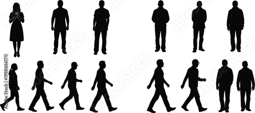 Black silhouettes of men and women standing and walking in various poses, group of casual people vector on white background,