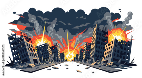 Flat style vector illustration of destroyed city buildings after war with broken structures and empty streets, representing urban devastation, conflict impact, and post-war environment