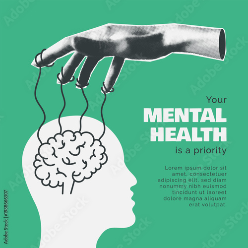 Mental Health is priority. Human head silhouette. Cut out halftone hand influences thoughts, control brain like puppet. Problem, psychological therapy poster with copy space. Contemporary collage
