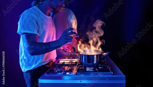 Man cooking with flames in a pot on a stove in neon light.
