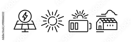 Solar panel and renewable energy icons set, alternative electricity source elements, solar power plant, sustainable energy system, roof panel installation and clean energy symbols.