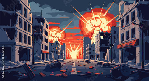 Photos Flat style vector illustration of destroyed city buildings after war with broken