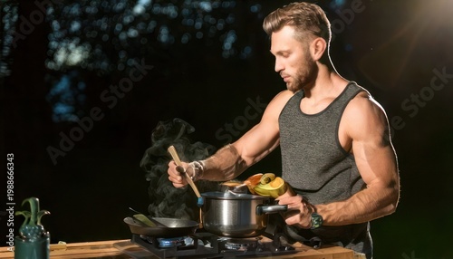 Man cooking outdoors at night with pots and pans.