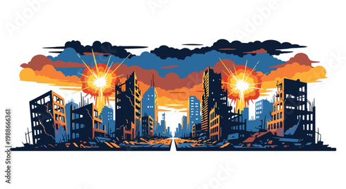Fotografía Flat style vector illustration of destroyed city buildings after war with broken