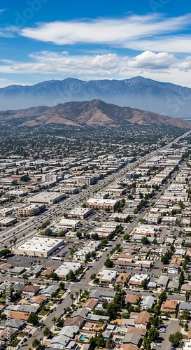 Aerial view of suburban sprawl stretching towards distant, arid mountains under a clear sky