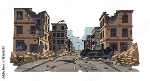 Flat style vector illustration of abandoned urban street with damaged houses and debris, representing war zone atmosphere, destruction, and silent aftermath of conflict