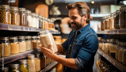 Man Examining Jarred Goods in a Zero Waste Store.