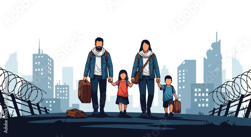 Flat style vector illustration of refugee family walking with luggage through damaged city, representing displacement, humanitarian crisis, migration, and impact of war on civilians