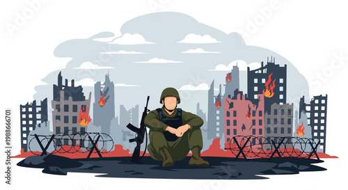Flat style vector illustration of soldier silhouette sitting alone in destroyed city, representing emotional impact of war, isolation, stress, and human side of conflict