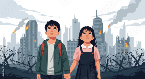 Flat style vector illustration of children holding hands in front of damaged city, representing hope, unity, resilience, and future peace despite war conditions